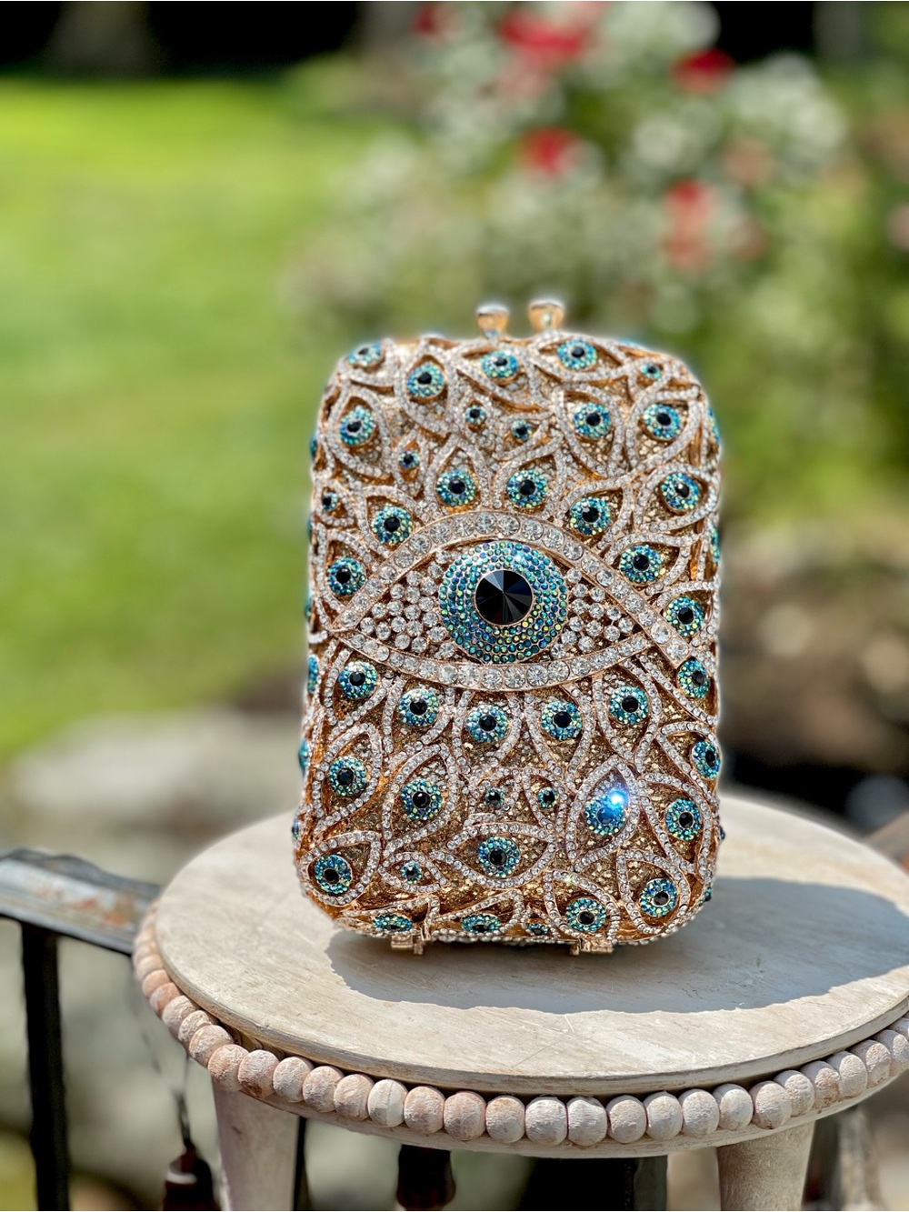 Embellished Evil Eye Crystal Clutch - Gold with Teal Accents